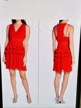 foxiedox V-Neck Ruffle Tiered Mini Dress Medium Pleated Lined Bright Red